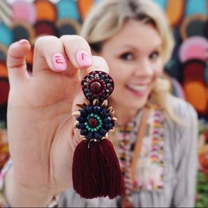 Burgundy Hand-Beaded Tassel Earrings